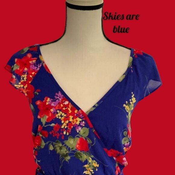 SKIES ARE BLUE NWT DRESS FLORAL PRINT WRAP RUFFLED SPAGHETTI STRAPS SMALL COBALT - Picture 6 of 13
